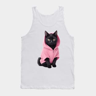 Cute black cat wearing pink hoodie Tank Top